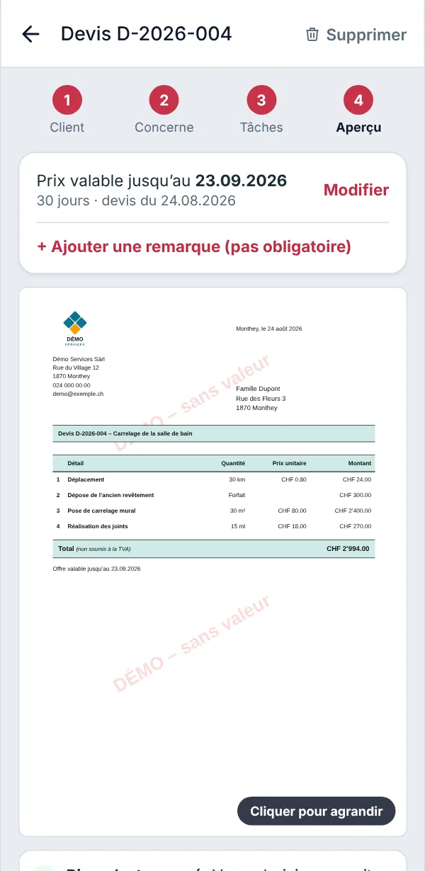 Étape Aperçu du devis : la page A4 telle qu’elle sera imprimée.