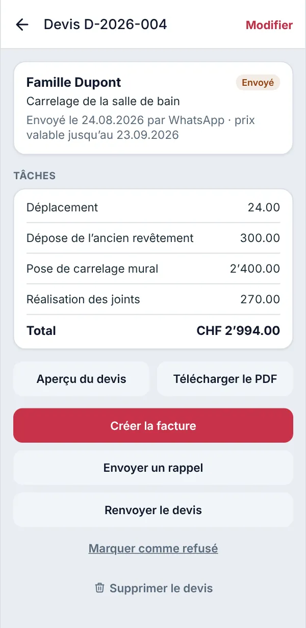 Le devis D-2026-004, envoyé le 24.08.2026 par WhatsApp, avec le bouton Créer la facture.