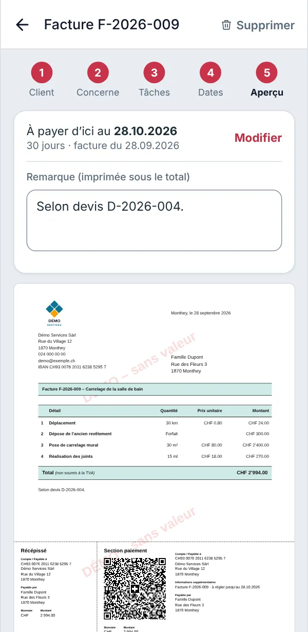 Aperçu de la facture F-2026-009, reprise du devis : à payer d’ici au 28.10.2026, remarque « Selon devis D-2026-004 ».