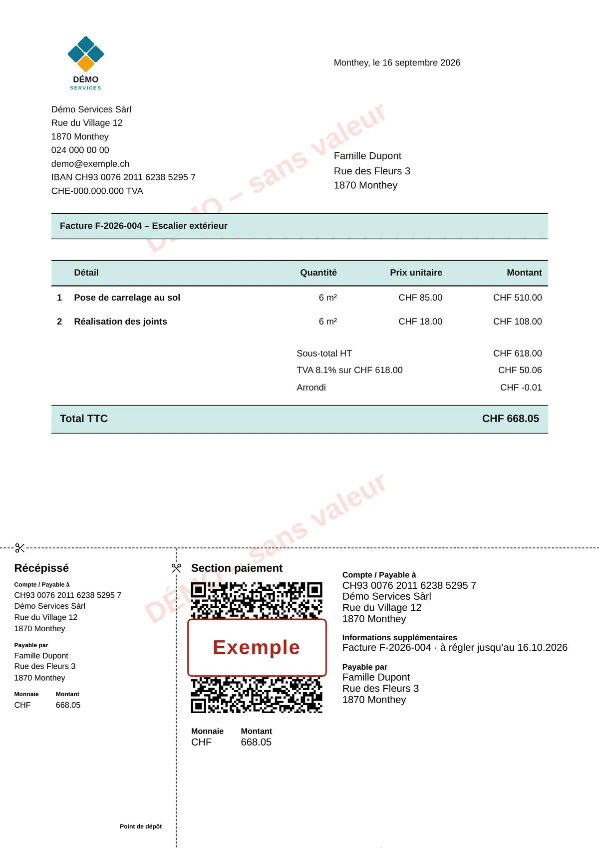 Exemple de QR-facture faite avec Sanagile : facture de Démo Services Sàrl à Famille Dupont, total CHF 668.05, section de paiement avec code QR