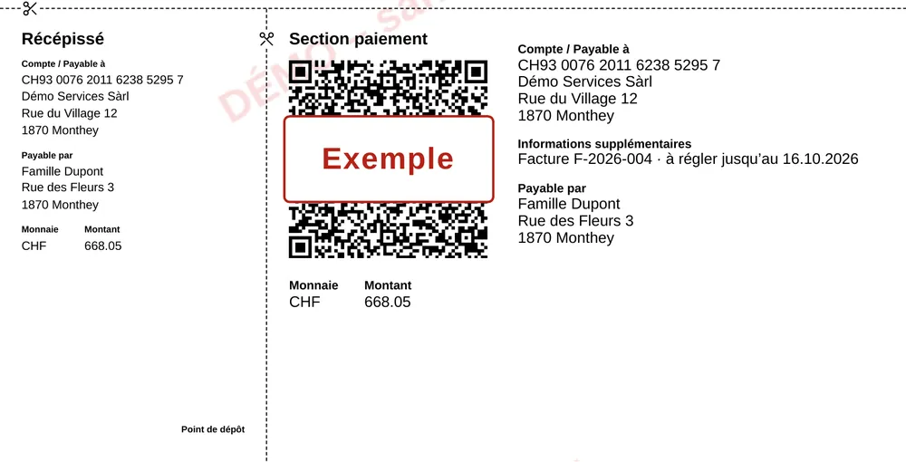 Section de paiement d'une QR-facture : récépissé, code QR avec croix suisse, compte, montant CHF 668.05 et adresse du client